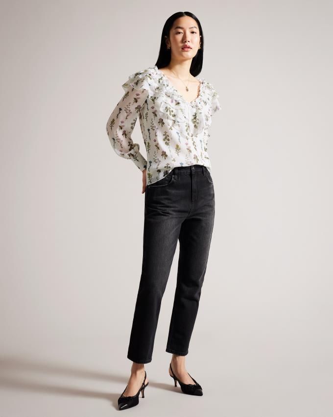 Chemisier Ted Baker Frilled V-Neck with Long Sleeves Blanche Femme | VDA-54150018